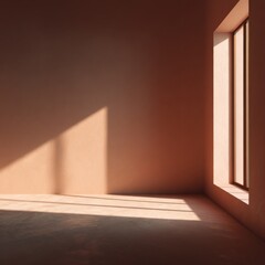 Empty terracotta room with window casting long shadows creating warm minimal light and modern interior design elements for peaceful background