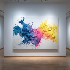 Colorful Abstract Painting Displayed in an Art Gallery Exhibition Featuring Vibrant Splashes on Canvas
