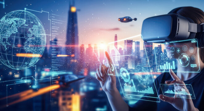 Person wearing vr headset in futuristic city for concept of metaverse, virtual reality, augmented reality, and business technology