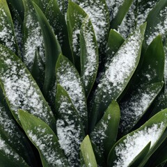 Emerald Green Leaves Dusted with Fresh Winter Snow Abstract Composition Lush Greenery Underneath Snowfall Minimalist