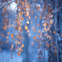 Enchanting Winter Scene Branches with Golden Leaves Covered in Snow Against Soft Blue Bokeh Backdrop and Dreamy Atmosphere
