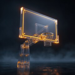 Futuristic basketball hoop neon outline against a dark backdrop with a smoke floor abstract rendering 3D
