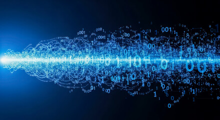 Abstract technology background with blue binary code stream for concept of big data, cybersecurity, or internet