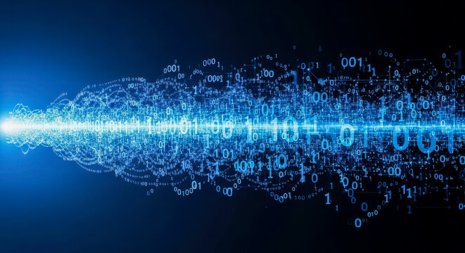 Abstract technology background with blue binary code stream for concept of big data, cybersecurity, or internet
