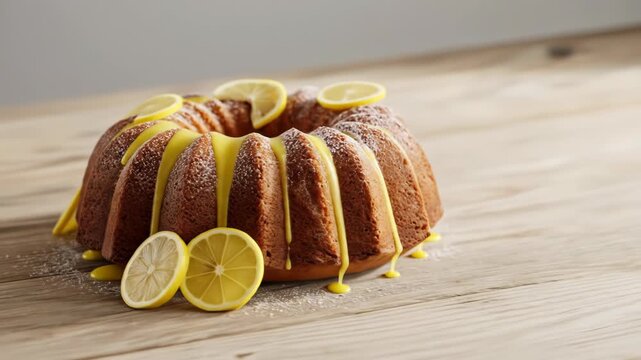 Bundt cake with bright yellow icing and lemon slices, dusted with powdered sugar