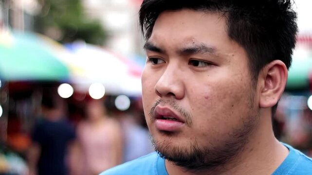 A young Asian man with a beard looks thoughtfully into the distance his expression serious and contemplative with a blurred background of a bustling outdoor market or street scene during the day sugg. - Powered by Adobe