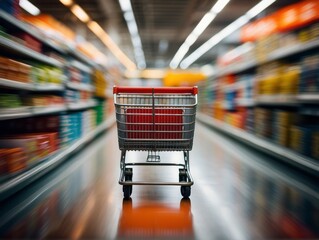 shopping cart is blurred in an aisle