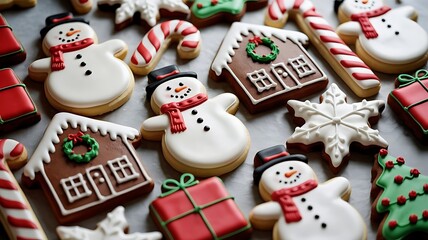 Obraz premium A delightful assortment of festive Christmas cookies, including snowmen, gingerbread houses, and snowflakes, arranged in a holiday celebration.