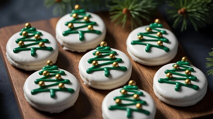 Obraz premium Deliciously decorated Christmas tree cookies are arranged on a wooden board, ready for holiday celebrations.