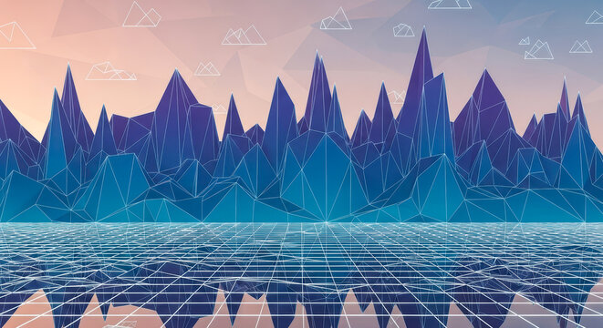 Abstract retro futuristic background with low poly landscape for concept of 80s, virtual reality, or music