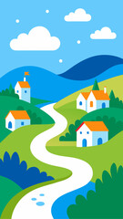 Illustration of houses on hills with winding road