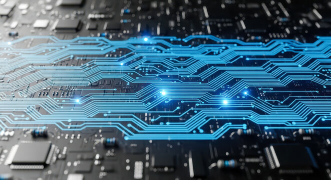 Abstract technology background with glowing blue circuit board for concept of computer science, data, or futuristic innovation