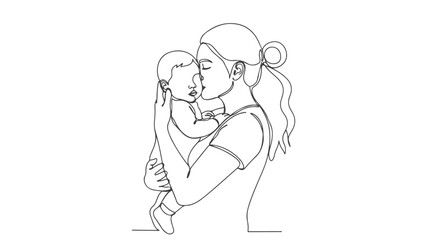 A minimalist, one line continuous drawing portraying a mother's tender embrace with her baby, elegantly rendered in a single artistic stroke, highlighting a profound maternal bond