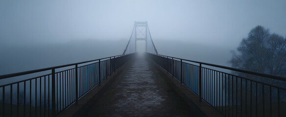 Obraz premium The foggy bridge disappearing into dense haze and heavy fog.