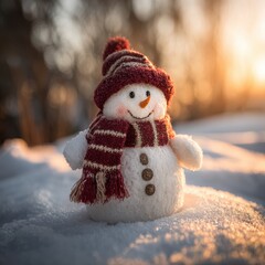 Adorable winter snowman embodying joyful holiday magic a cute symbol in a snowy landscape during sunset