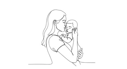 One continuous line illustration of a mother embracing and kissing her baby, in a single, simple outline