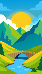 Illustration of a bridge over a river in mountains
