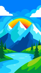 Landscape view of mountains river and rainbow above