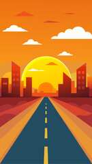 Road leading to city skyline at sunset illustration