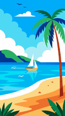 Tropical beach scene with sailboat and palm tree