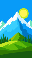 Landscape with mountains trees and a shining sun art