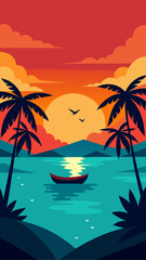 Sunset over the ocean with palms and a small boat