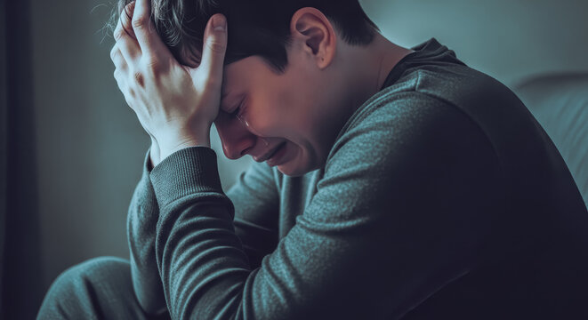 Sad depressed man crying in dark room. Young desperate male with hands on head. Mental health, depression, and grief concept. Stressed person feeling pain and anxiety
