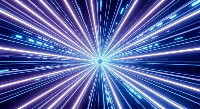 Abstract high speed light trails background. Blue and purple neon lines in motion. Futuristic hyperspace jump or time travel concept. 3d render of warp speed. Technology explosion - Powered by Adobe