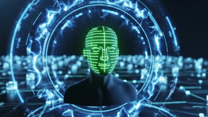 A 3D rendered human bust centered within blue energy rings and a luminous grid - Powered by Adobe