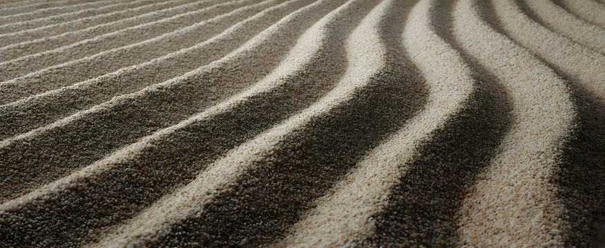 The meditative pattern of raked sand forms calming flowing lines.