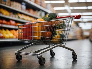 shopping cart is blurred in an aisle
