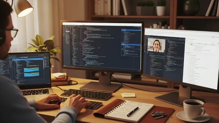 Programmer coding late night on multiple monitors with video call showing smiling woman developer - Powered by Adobe