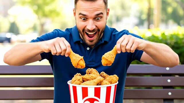 Man holding two fried chicken legs above a bucket of crispy chicken, fast food advertising in video animation