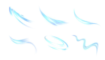 Naklejka premium A set of blue glowing trails and curved energy trails on a transparent background, suitable for game interfaces, magic effects, dynamic overlays, and animation design.