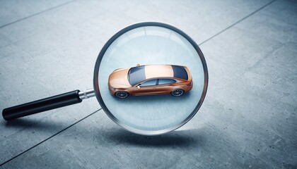 Magnifying glass over a car, concept of searching, inspecting, and finding a vehicle for purchase or evaluation of automobile