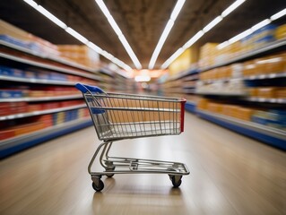 shopping cart is blurred in an aisle