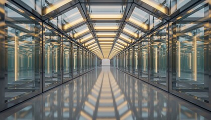 Fototapeta premium An endless reflective corridor with glass panels and glowing ceiling lights creating an infinite tunnel effect. A digital abstract background representing the future of data