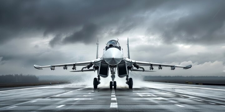 Fighter jet preparing for take off on wet runway in rain