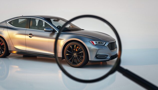 Examining a contemporary silver automobile with a magnifying glass, symbolizing vehicle history checks, pre-purchase inspections, and the search for a reliable used car