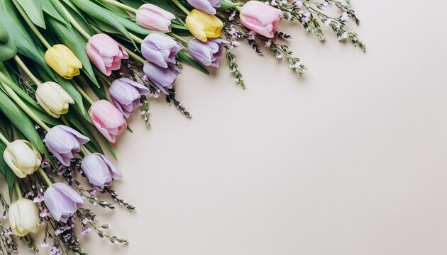Beautiful pastel tulips and lavender flowers arranged diagonally with copy space, celebrating spring, romance, and natural beauty in a soft, inviting composition, perfect for cards and decor