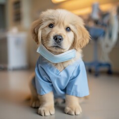 Adorable golden retriever puppy named Sunny wearing oversized blue surgical scrubs