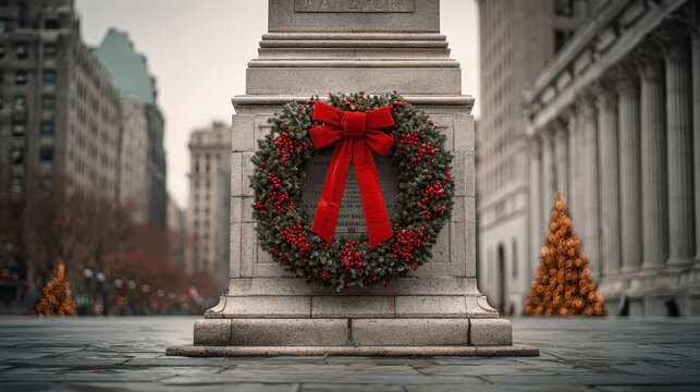 Christmas wreath with red bow and berries hanging on monument stone base in urban city plaza during winter holiday season with decorated trees in background - Powered by Adobe