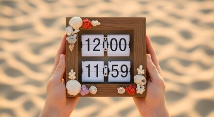 Hands holding a flip clock showing 1200 and 1159