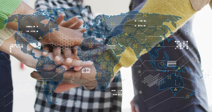 Colleagues joining hands fading transparent map overlay animating icons showing tech connectivity