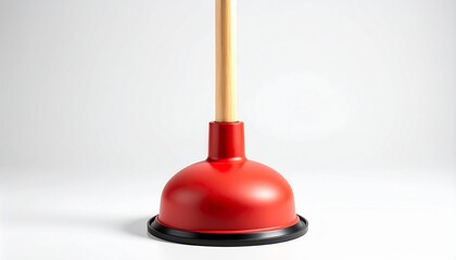 Red rubber plunger with wooden handle on white background