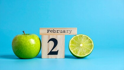 Wooden block calendar with green apple and halved lime on bright blue background
