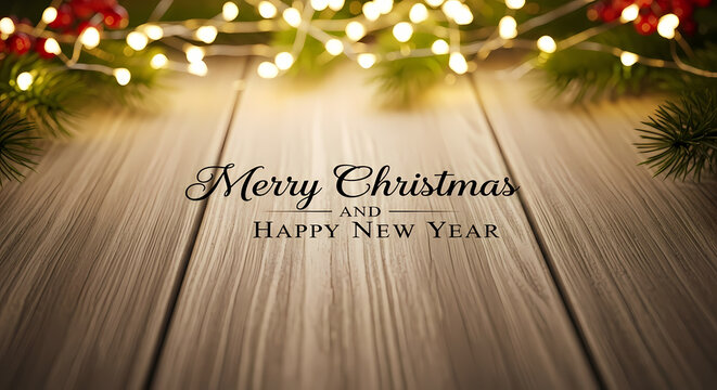 Happy New Year and Merry Christmas wishes on a rustic wooden table adorned with festive fairy lights