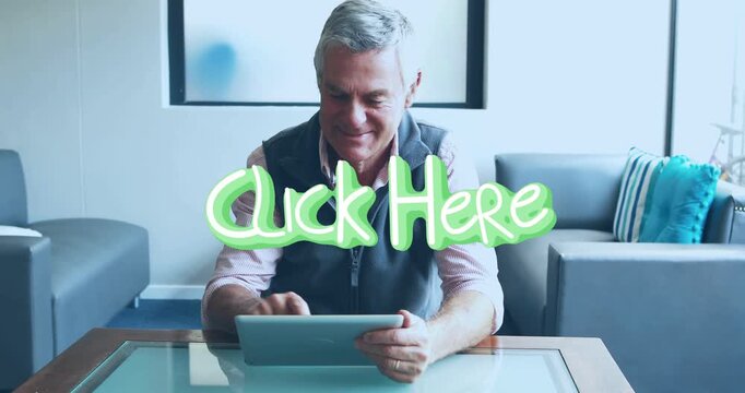 Senior man holding smartphone seeing Click Here graphic moving to tablet tapping technology arrows