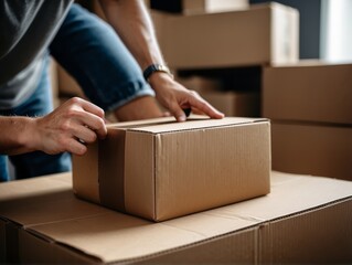 man hands taping a cardboard box, preparing it for shipment in an ecommerce warehouse