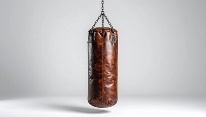 Leather punching bag hanging by chains against light wall